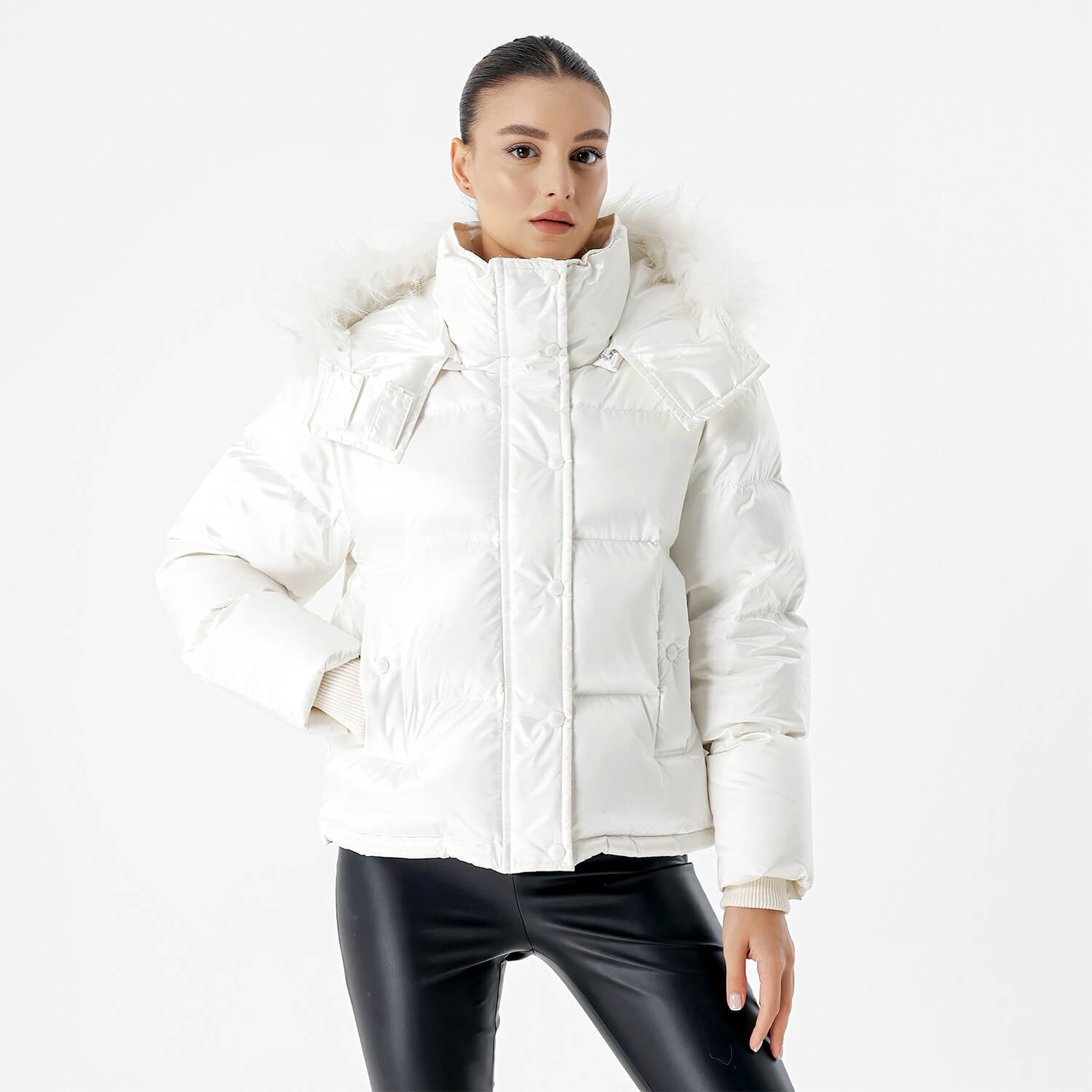 Mo &Co - White Fur Detail Puffer Hooded Coat